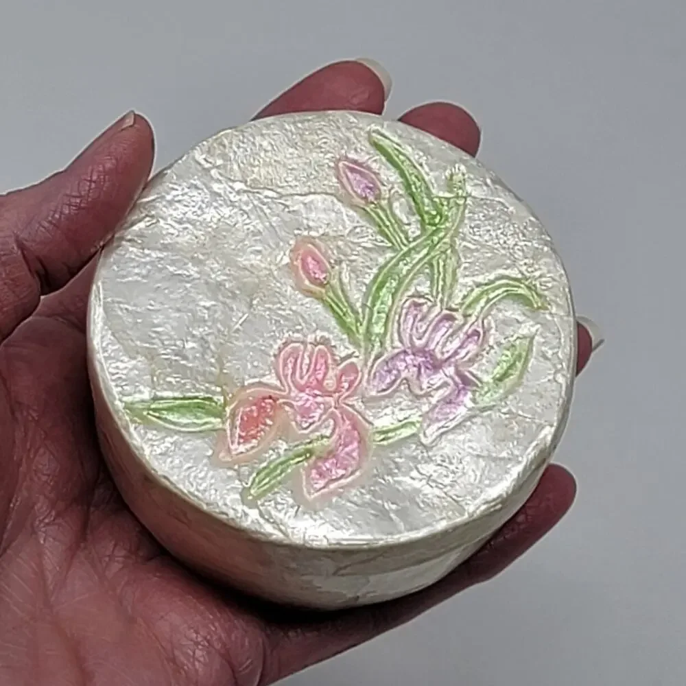 Vintage Capiz Shell Trinket Box Tray Floral Orchid Inlay Scalloped Edge SM CHIP